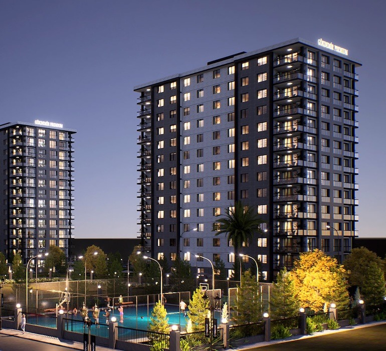 Apartment building with garden, in the night