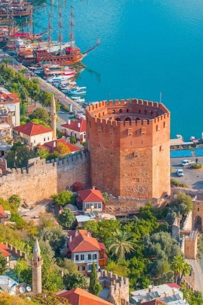 Landscape with Marina and Kizil Kule tower in Alanya peninsula Antalya district